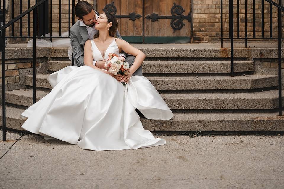 Seated on the steps