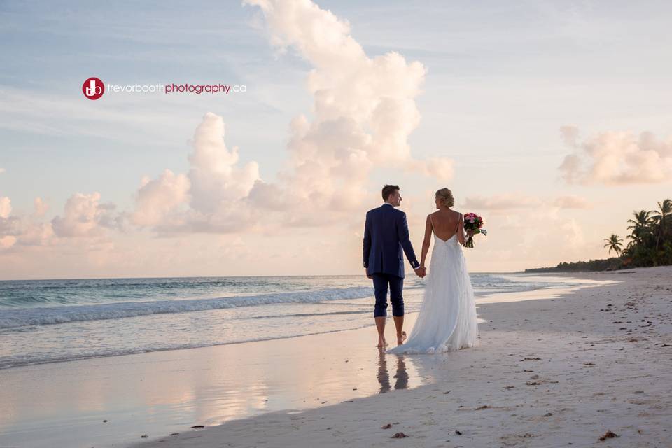 Walks on the beach, at sunset