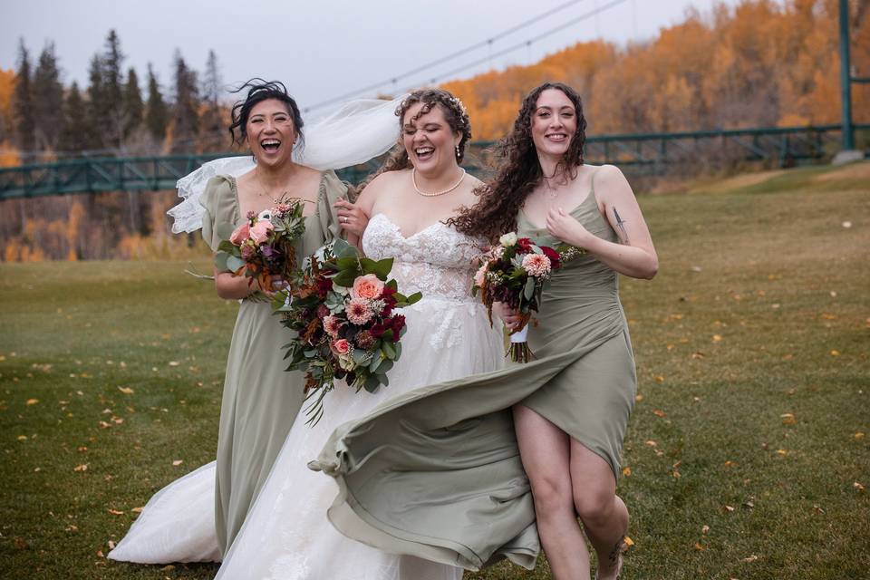 Bridal party walking in wind