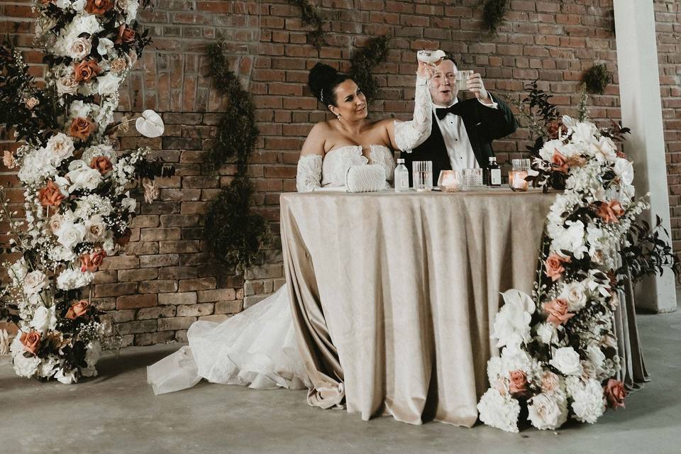 Sweetheart table in ballroom