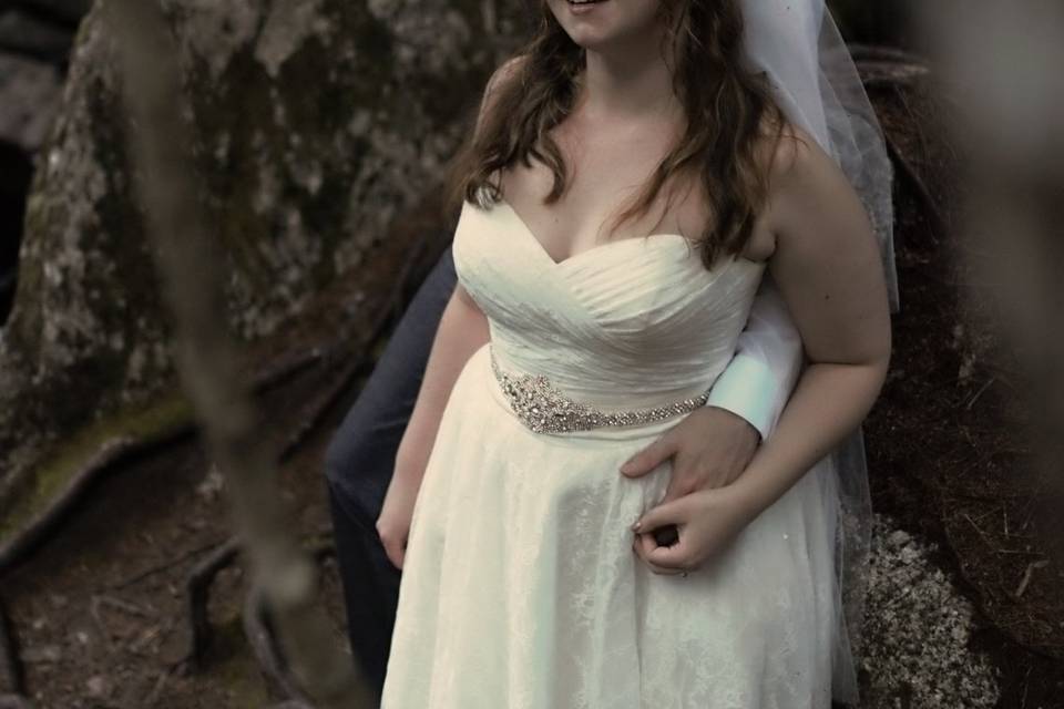 A&C, embrace in woods