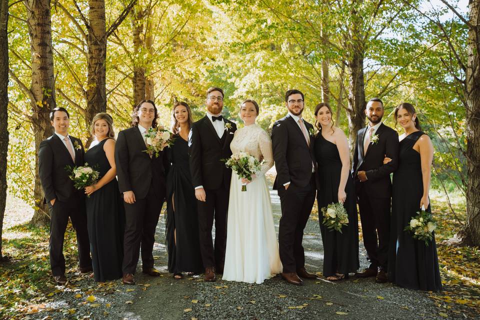 Bridal Party in an autumn lane