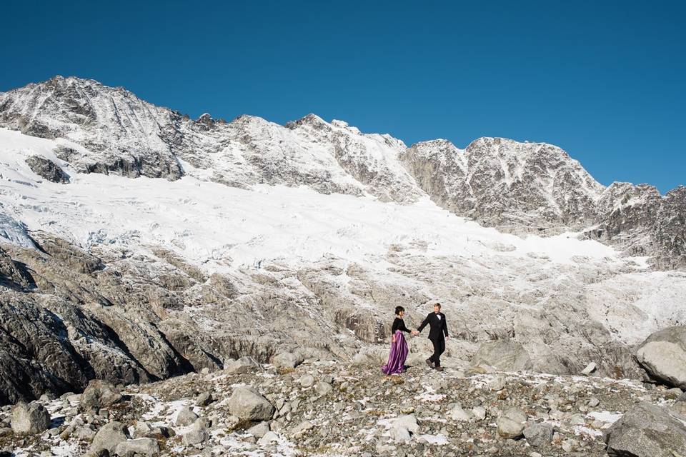 Couple walking in mountains