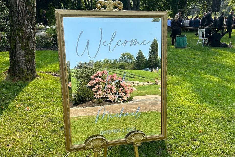 Mirrored welcome sign