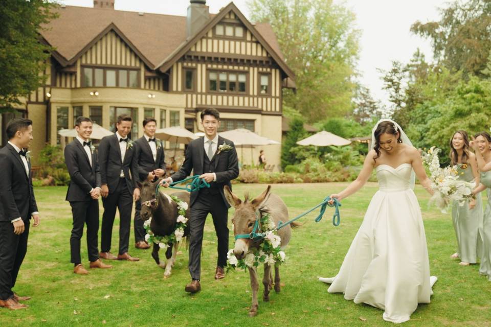 Wedding couple walking aisle