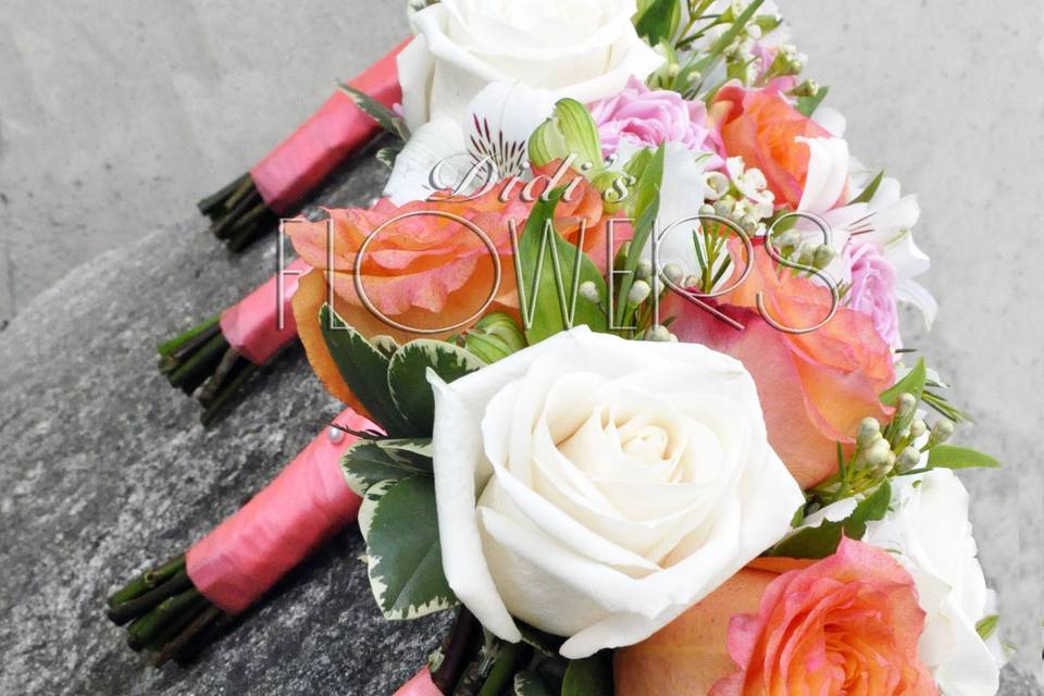 Coral & white BM bouquets