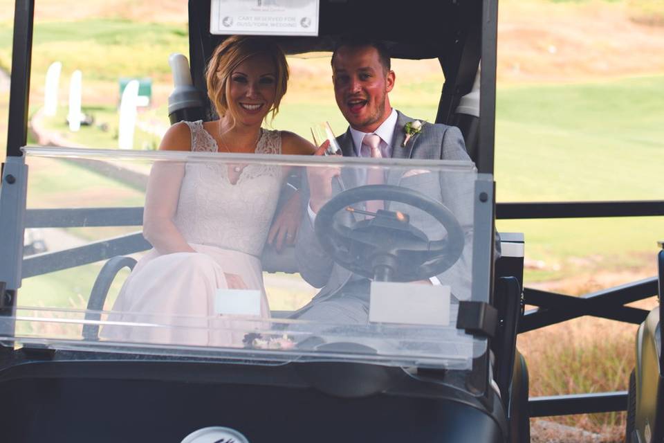 Bridal party in a golf cart