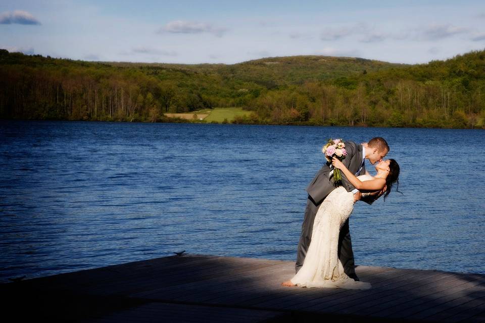 Lakeside wedding dip on dock