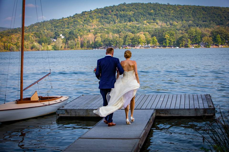 Bridal gown blows in wind as b