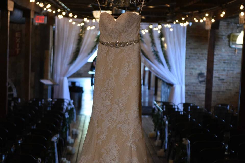 Wedding dress at rustic venue