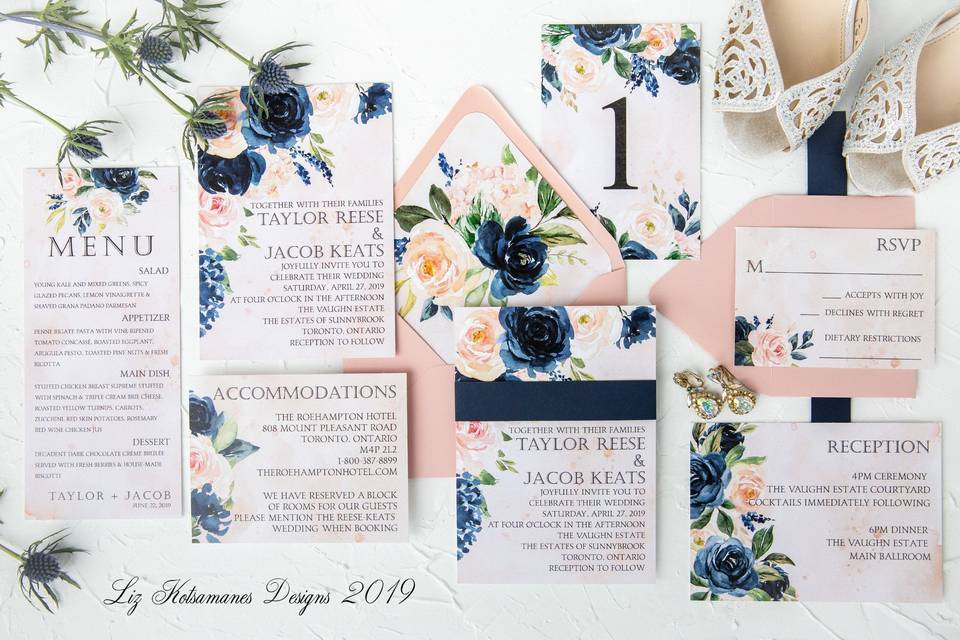 Navy and Blush Floral Invites