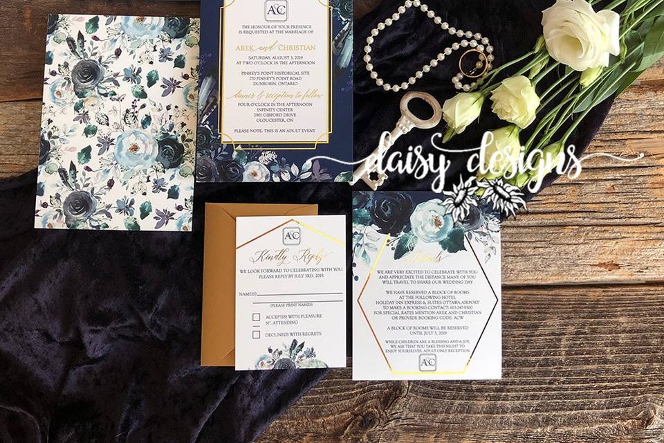 Navy Peonies with Gold Foil