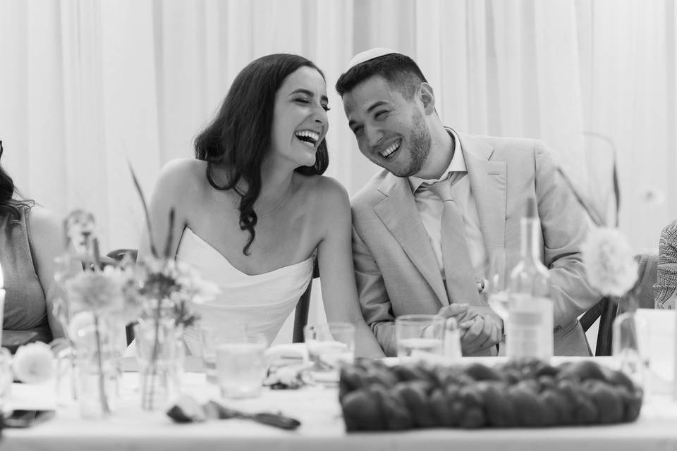 Wedding couple laughing