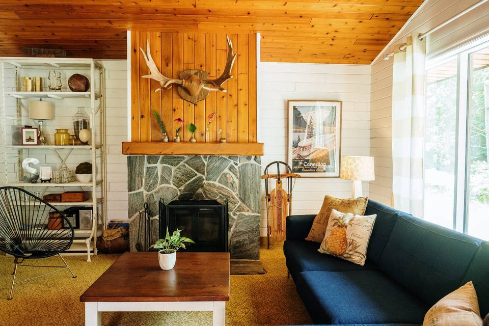 Chalet lounge and fireplace