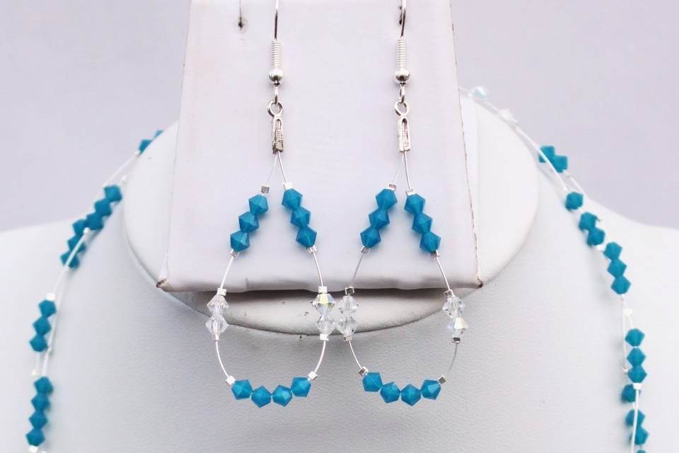 20072 - Caribbean blue opal - handcrafted twisted double stranded Swarovski crystal necklace set 4.J