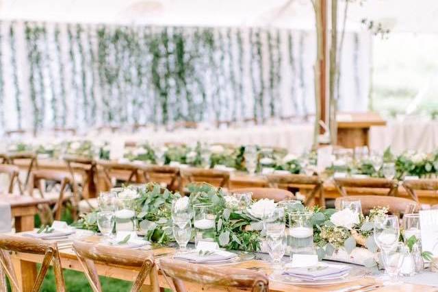 Tent decor with hanging greens