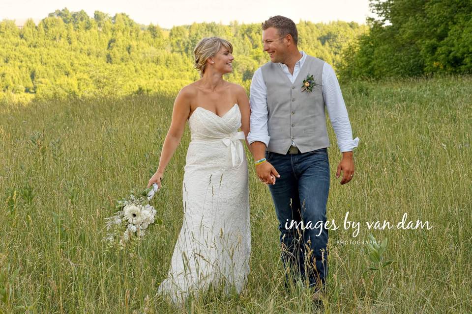 Bride and Groom in Farm field