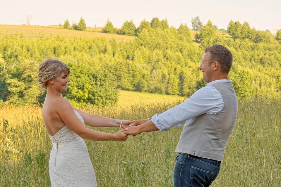 Bride and Groom in Farm field