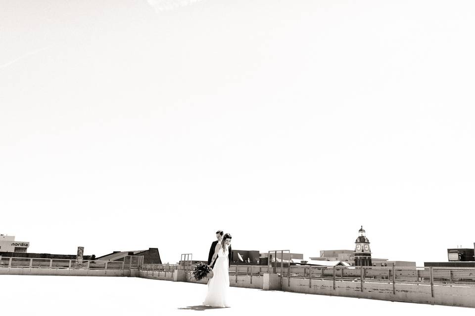 Rooftop bride and groom