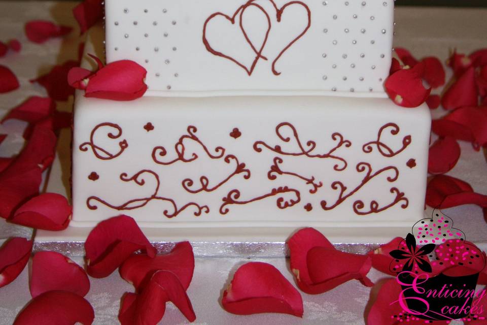 Red Rose and Scrolls Wedding Cake