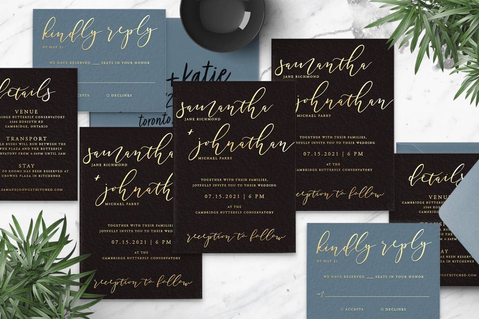 Black and gold wedding invite