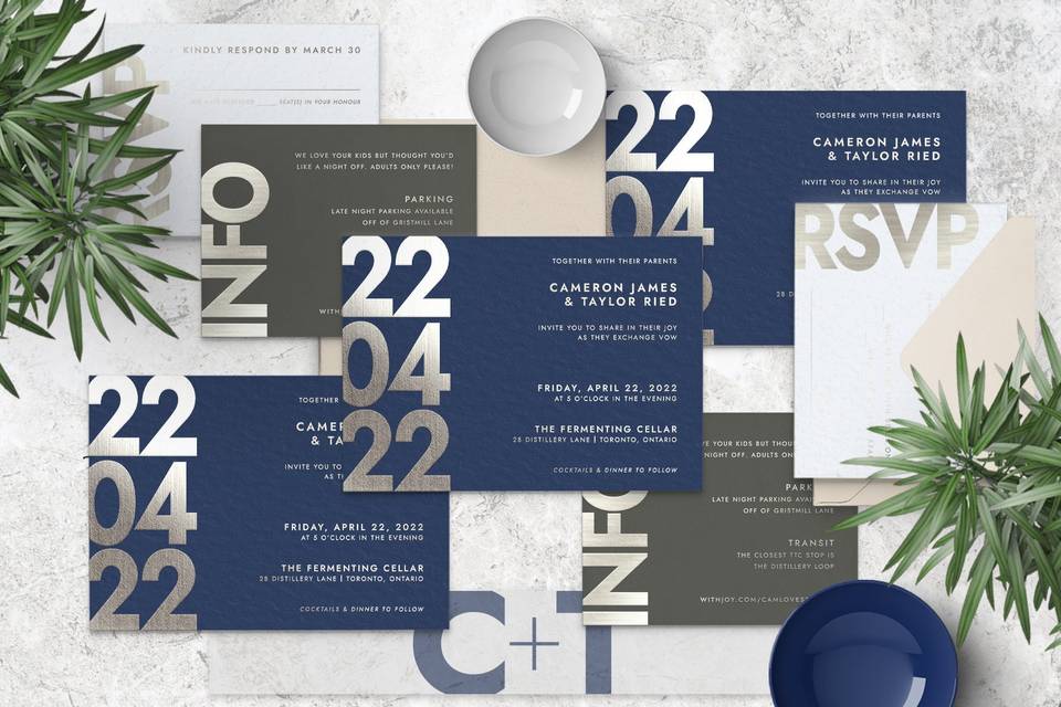 Silver and blue invitations