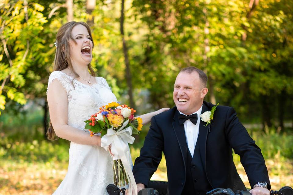 Bride and groom ride on a trik