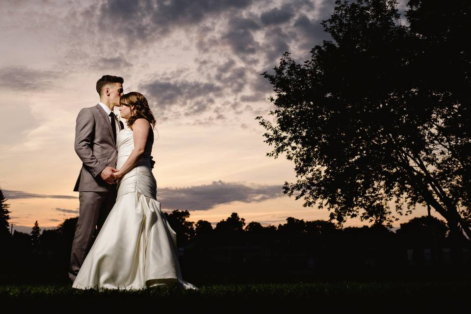 Evening sunset wedding couple