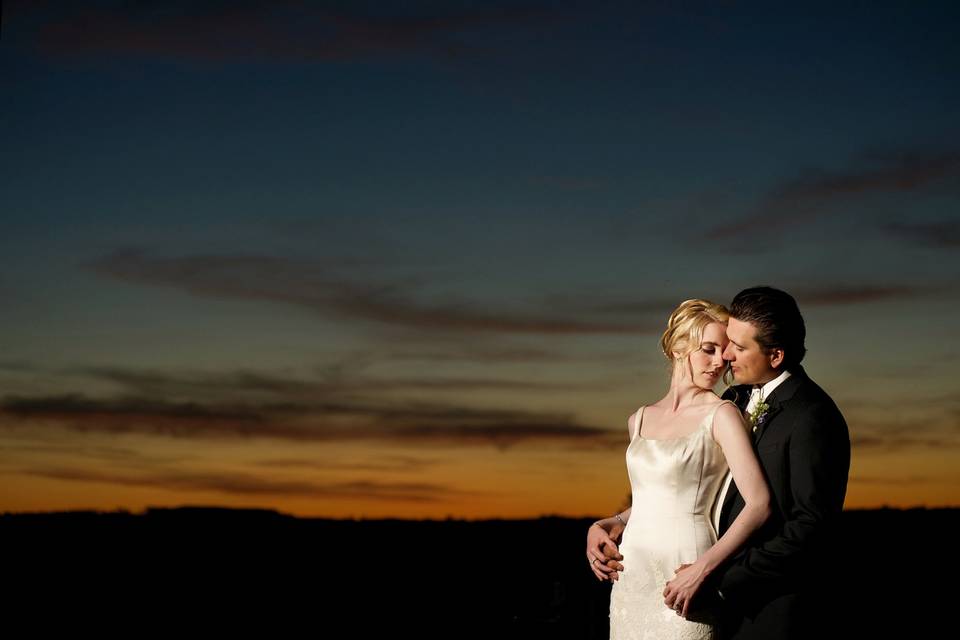 Evening sunset wedding couple