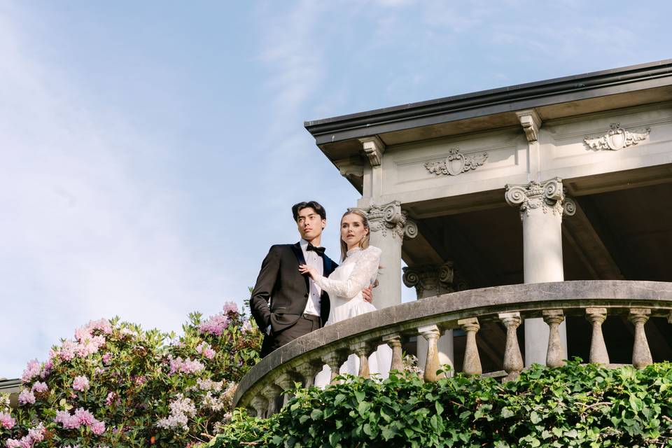 Wedding couple embraces