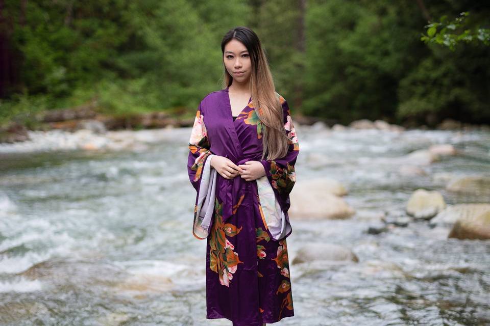Purple long kimono bridal robe