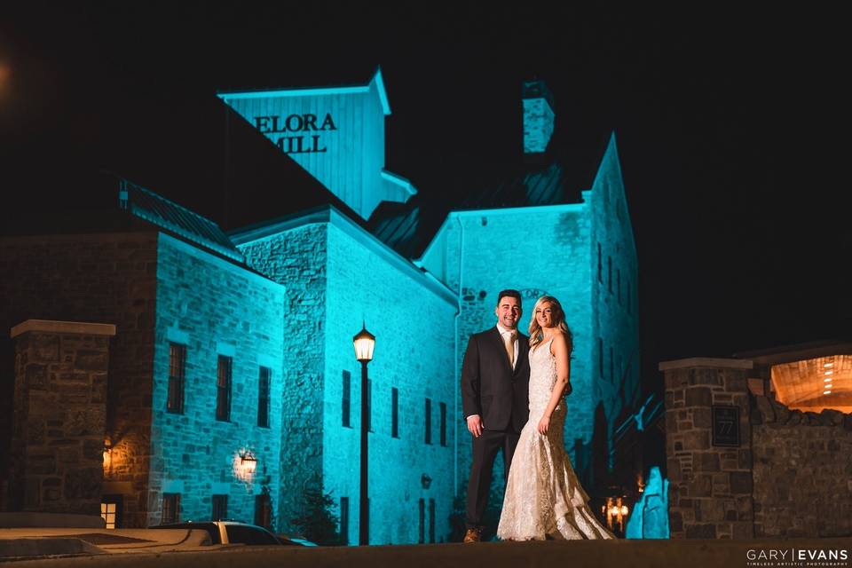 Elora Mill Wedding Night Shot