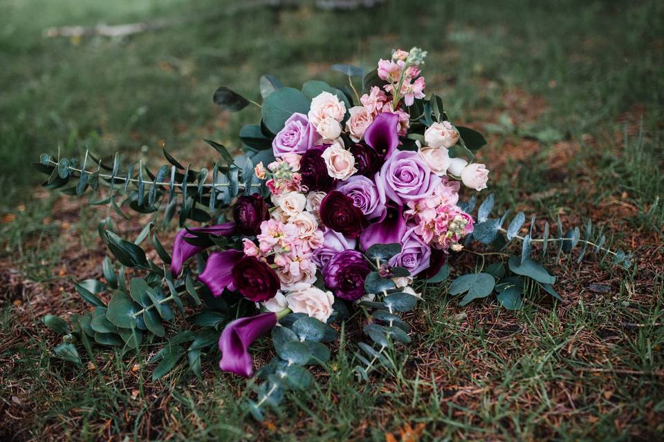 Purple, peach & blue bouquet