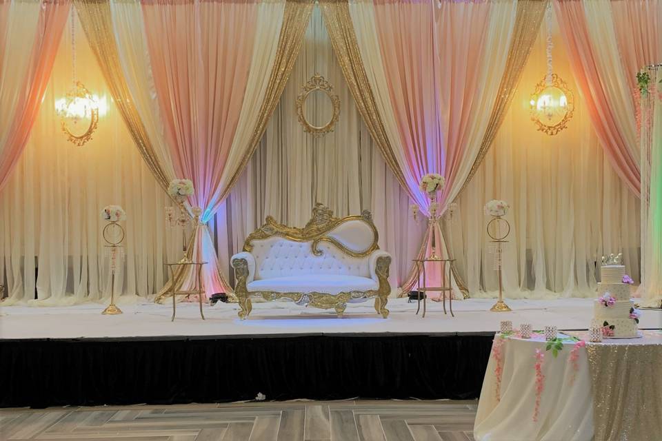 Pink and white drapes set up