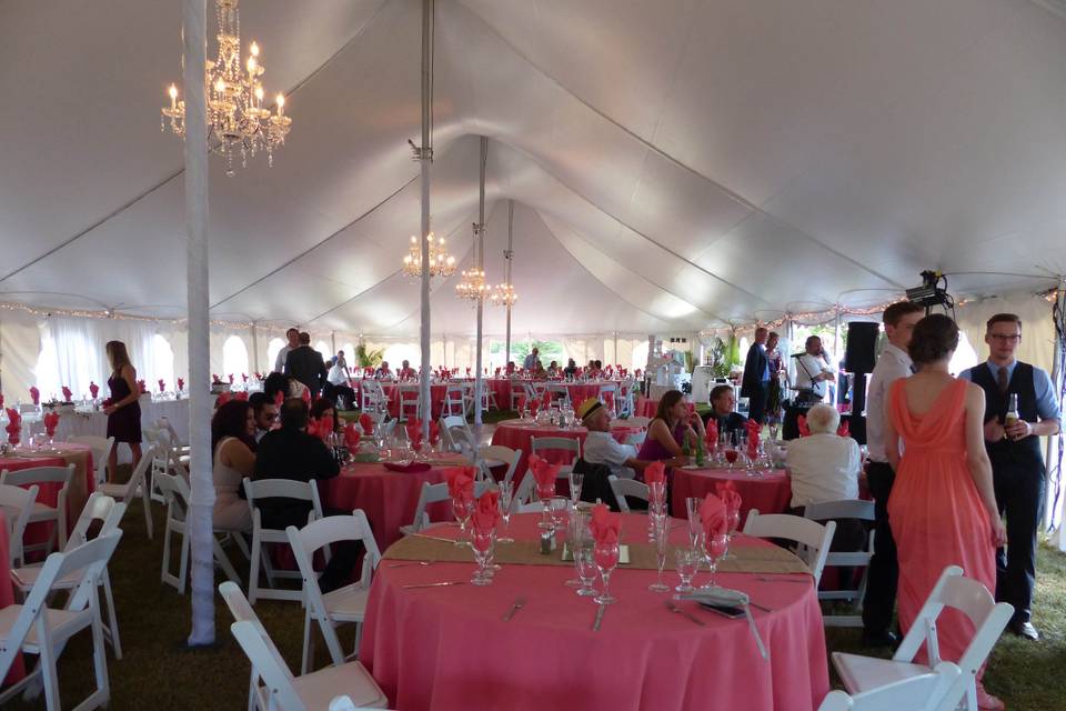 Tent wedding coral linens