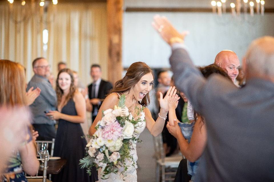 Bride and groom on path