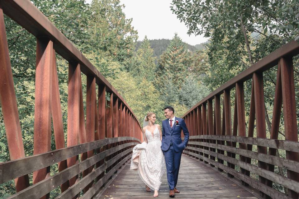 Walking along the footbridge