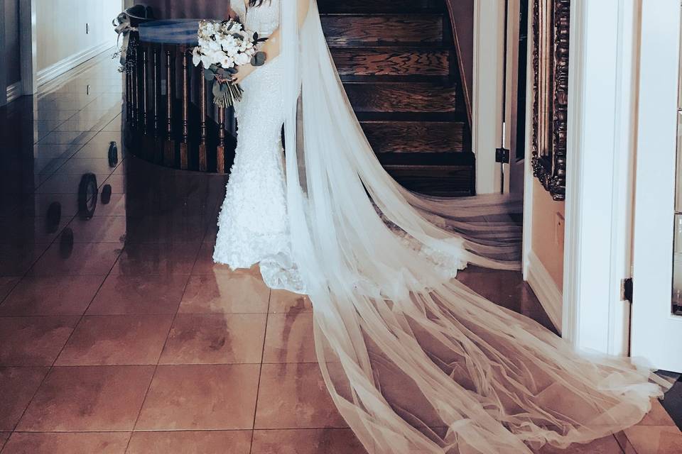 Bride by staircase