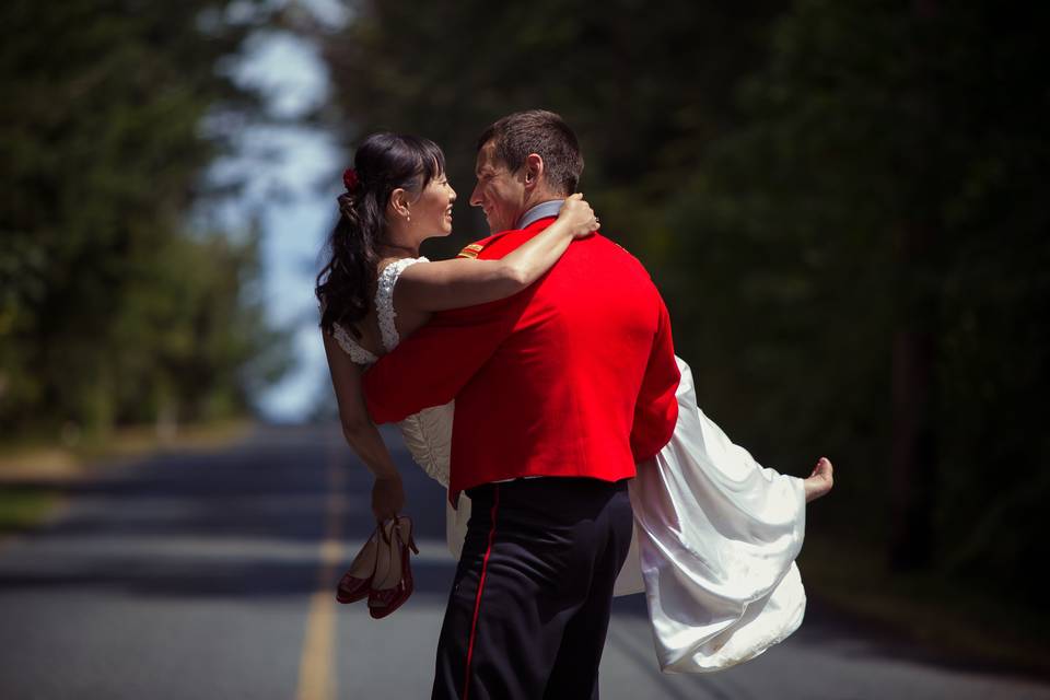 Walking bride down the road