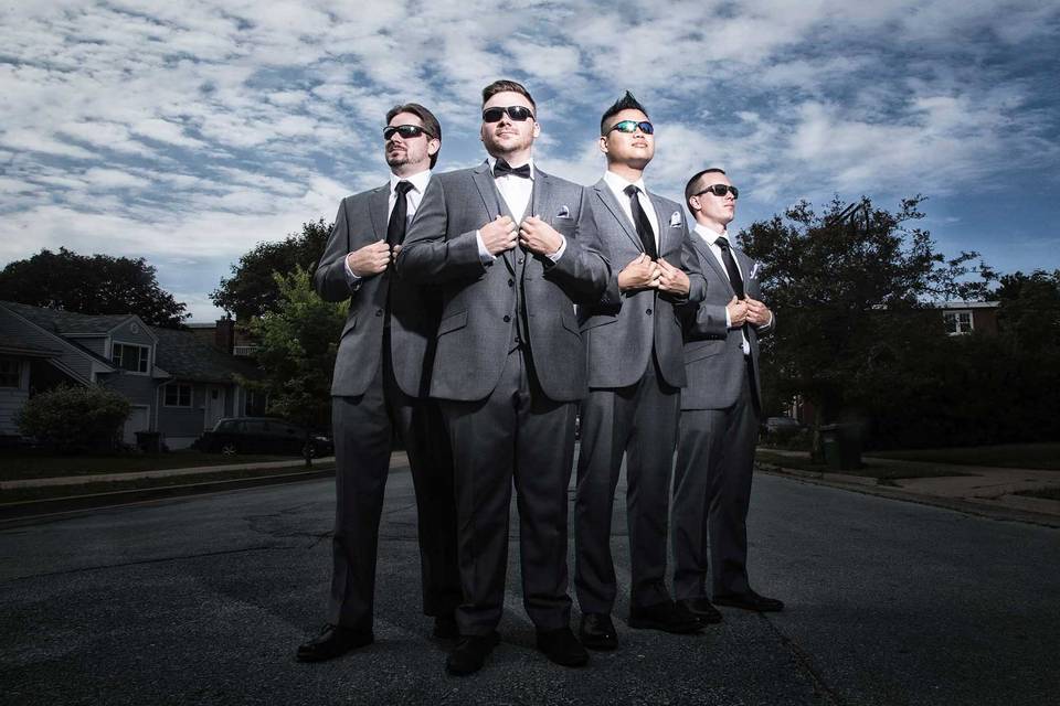 Groomsmen in street