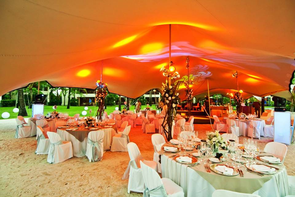 Wedding tent with chandelier