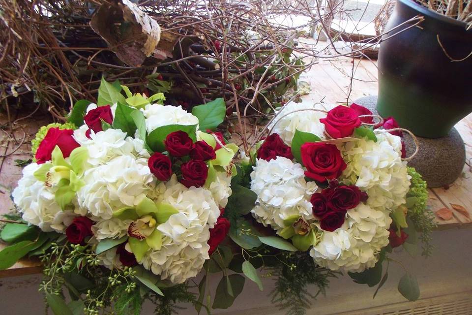 Hydrangeas and Red Roses