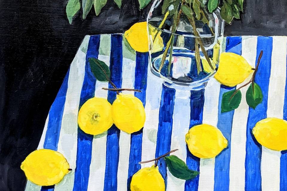 Oil painting of flowers, lemons, and tablecloth