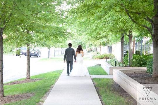 Bride and groom walking away