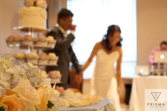 Groom and bride laughing