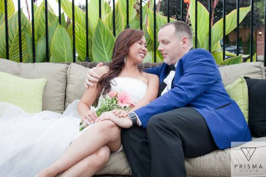 Bride and groom sitting