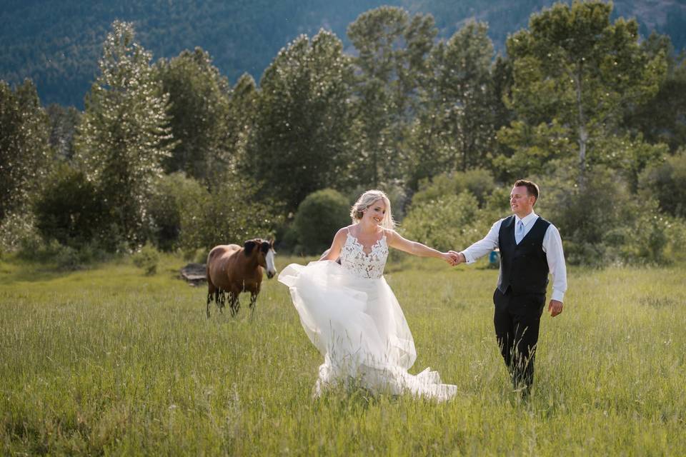 Bride and groom dancing.