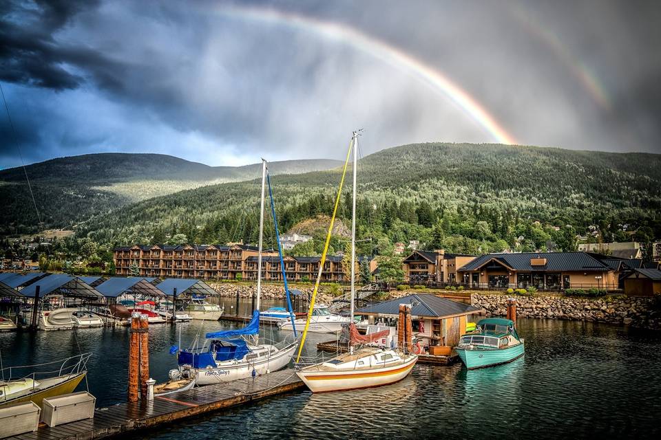 Rainbow over resort and marina