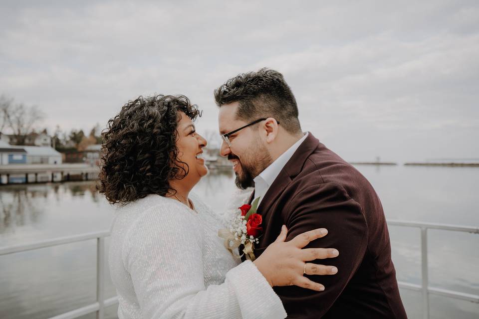 Laughing bride and groom