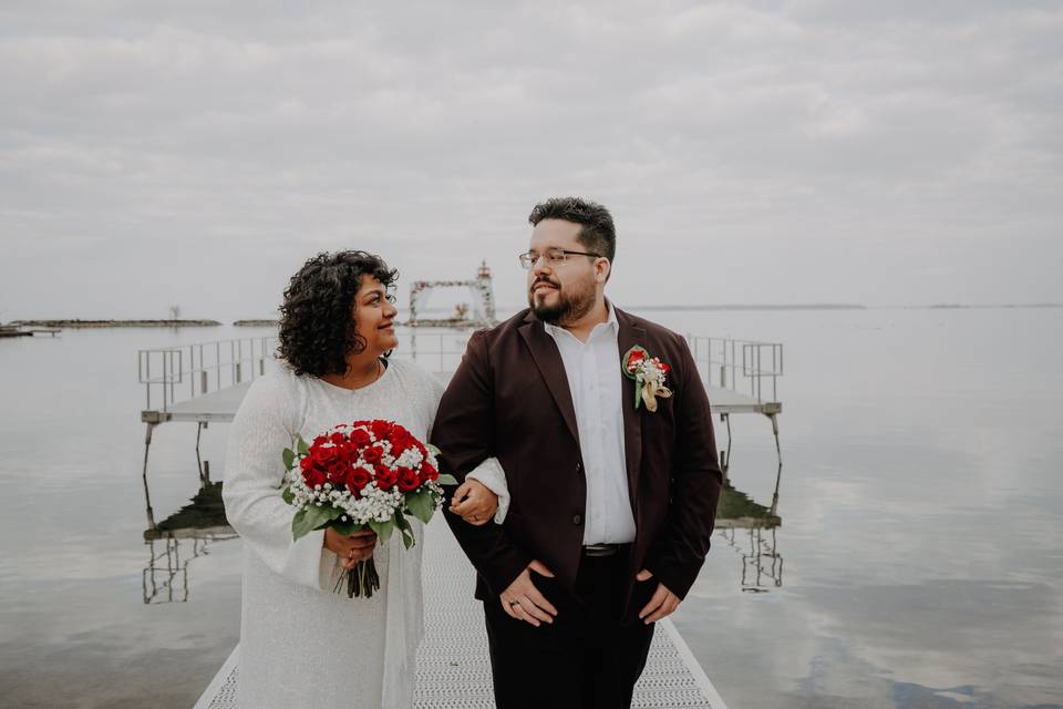 Bride and groom walking togeth
